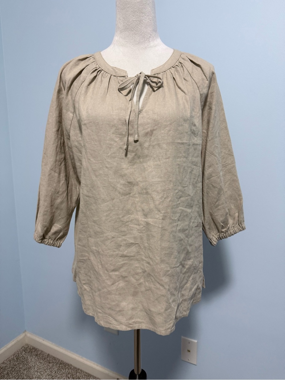 Nine West Jeans Linen Blend Peasant Blouse XL Taupe Tie Neck 3/4 Sleeve NWT